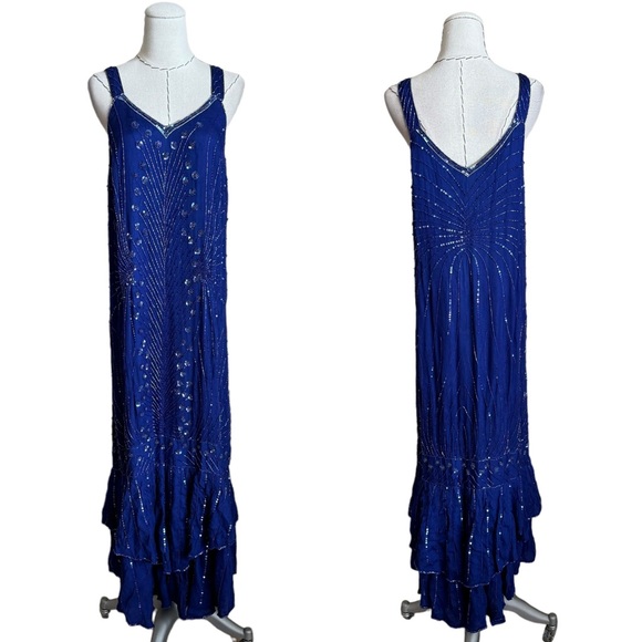 RARE Vintage 80s Judith Ann 2 pc Blue Silk Sequin Beaded Kimono Jacket and Dress - Picture 6 of 16